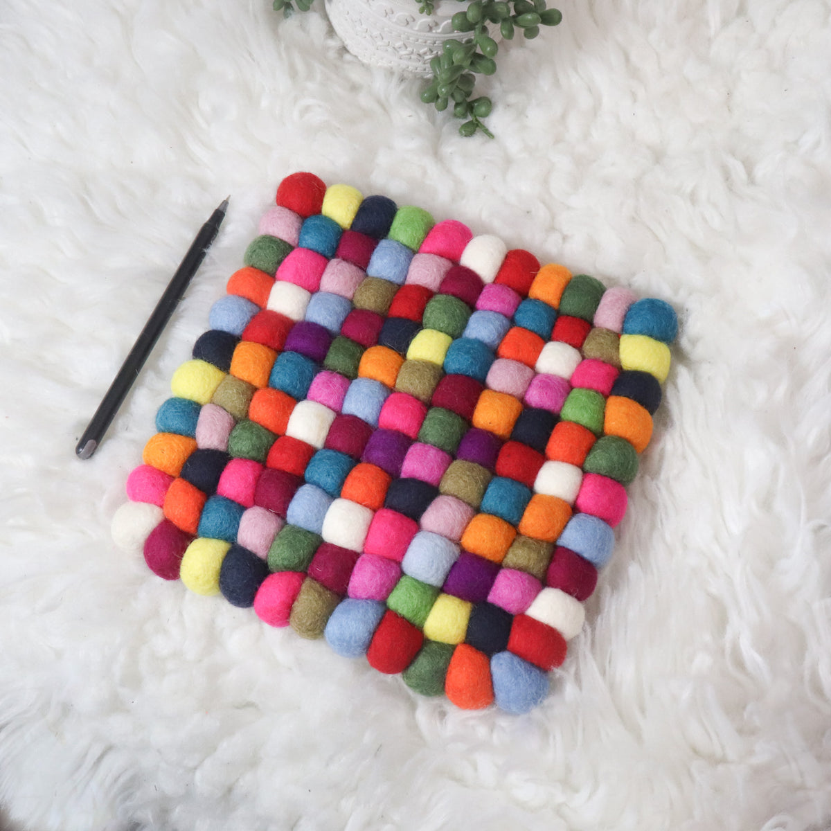 Handmade Multicolor Square Wool Felt Ball Trivet