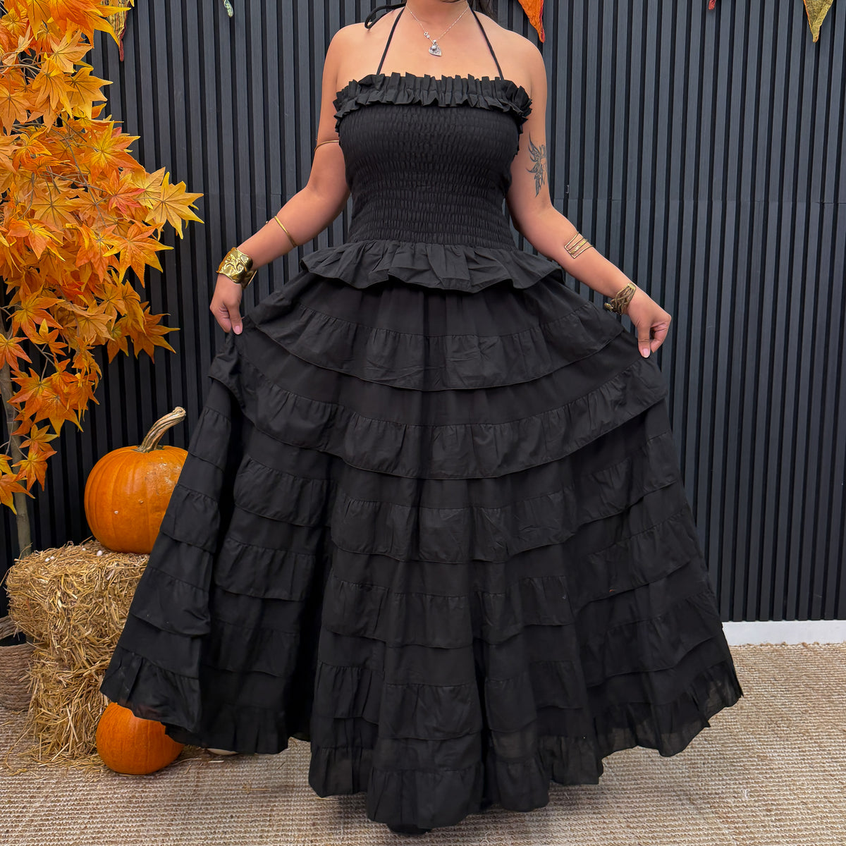 Black Boho Smocked Ruffle Maxi Dress