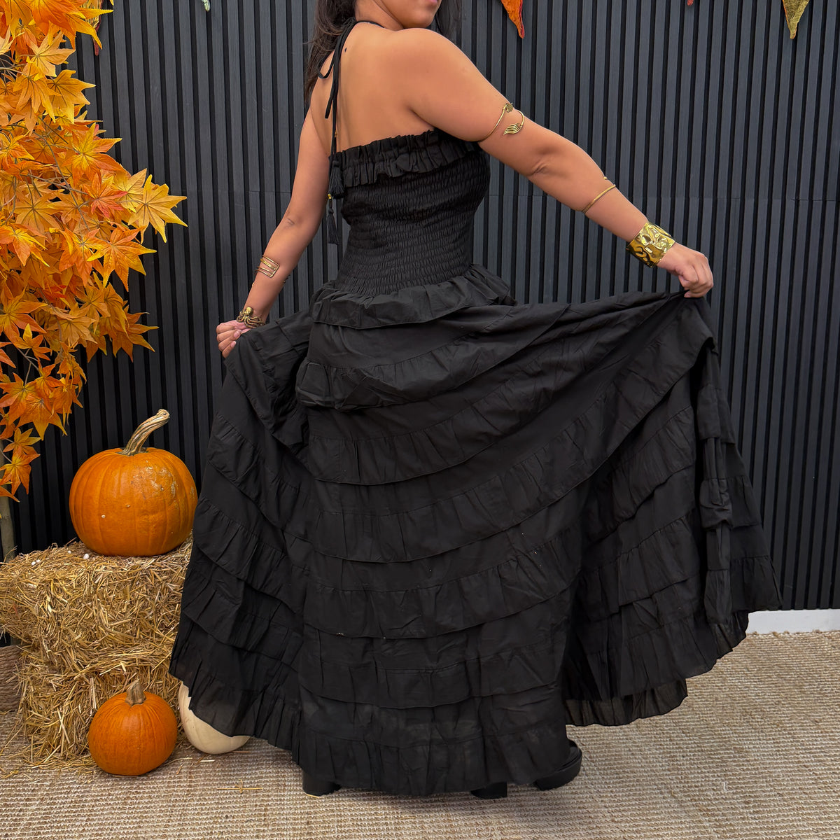 Black Boho Smocked Ruffle Maxi Dress