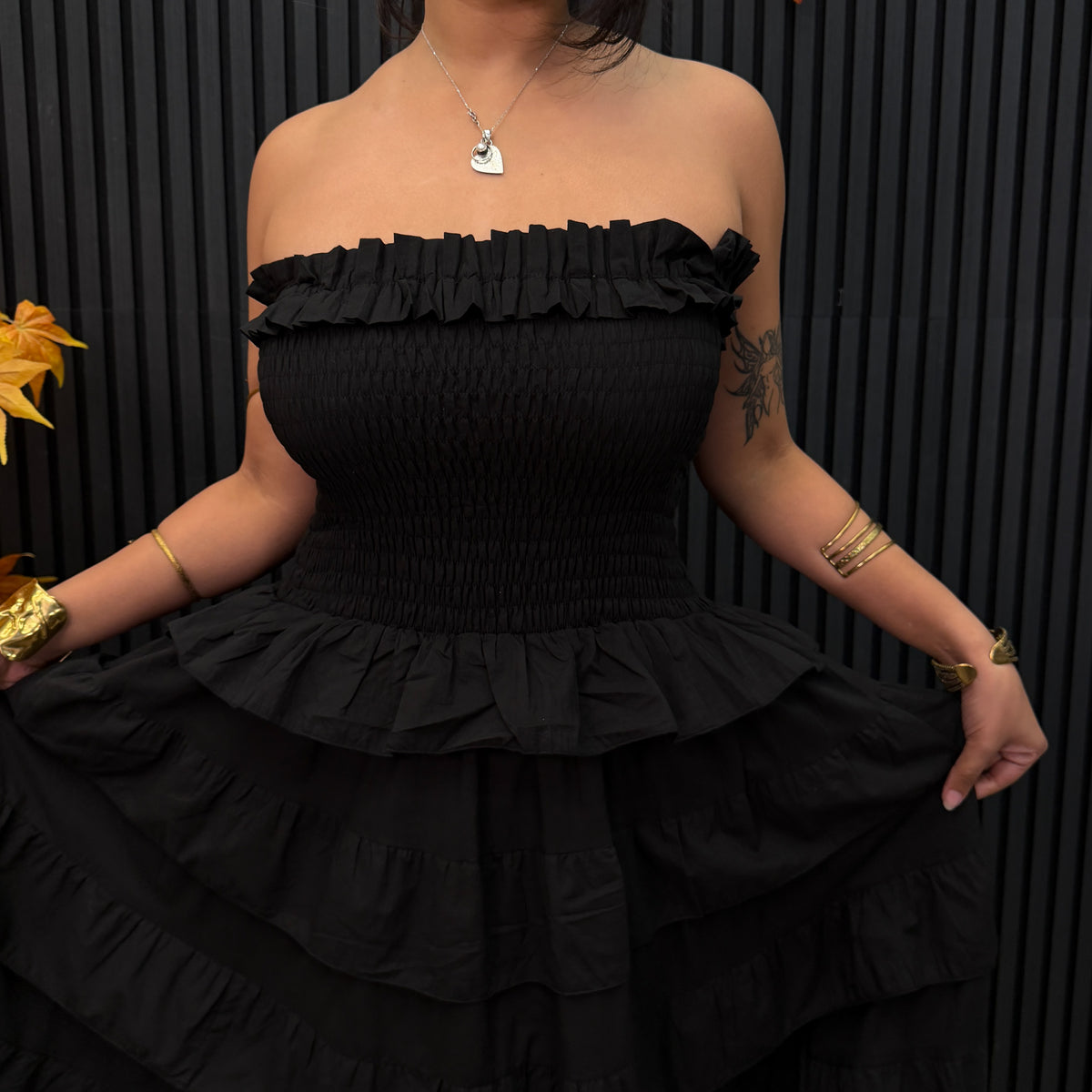 Black Boho Smocked Ruffle Maxi Dress