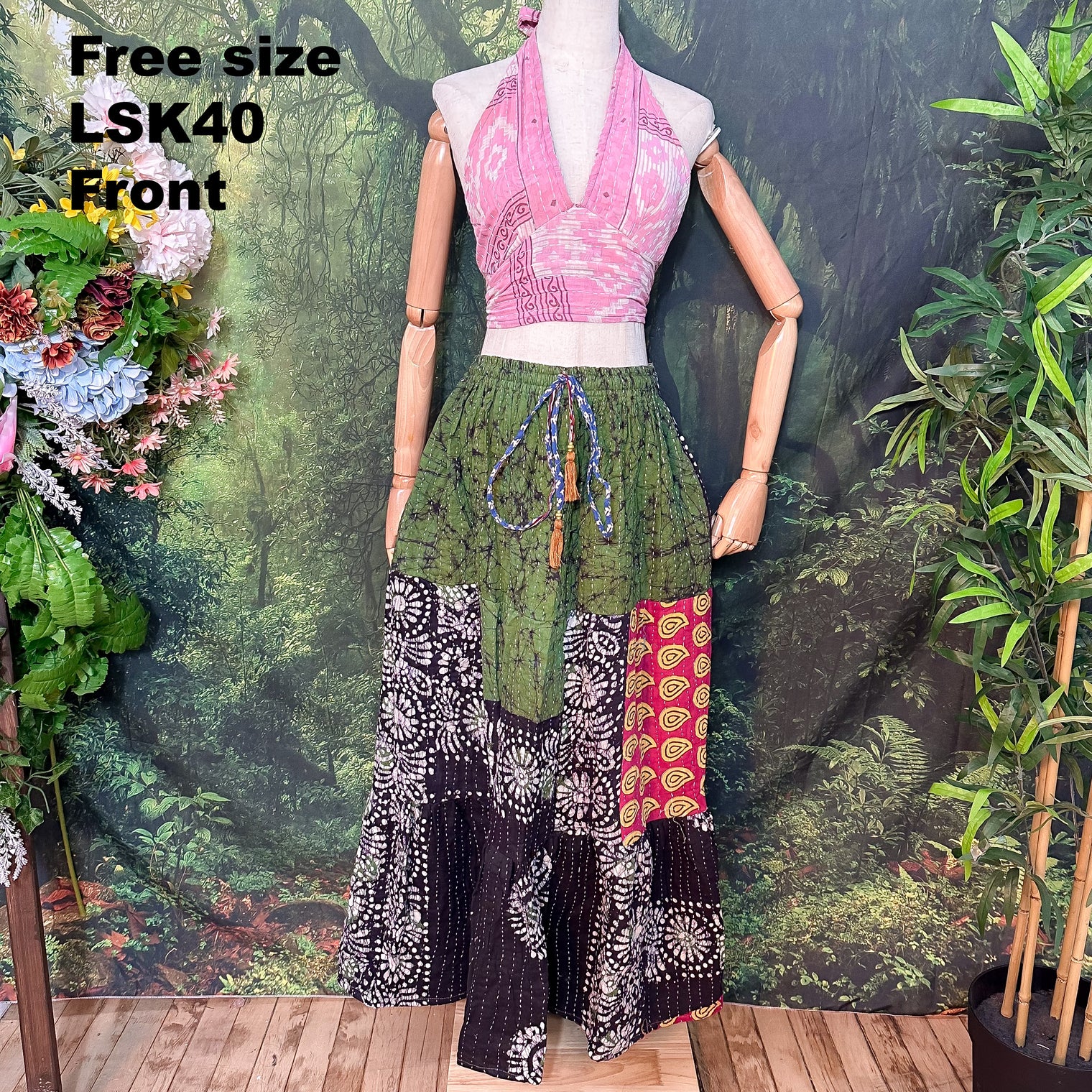 Kantha Long Tiered Flowy Skirt with Pockets