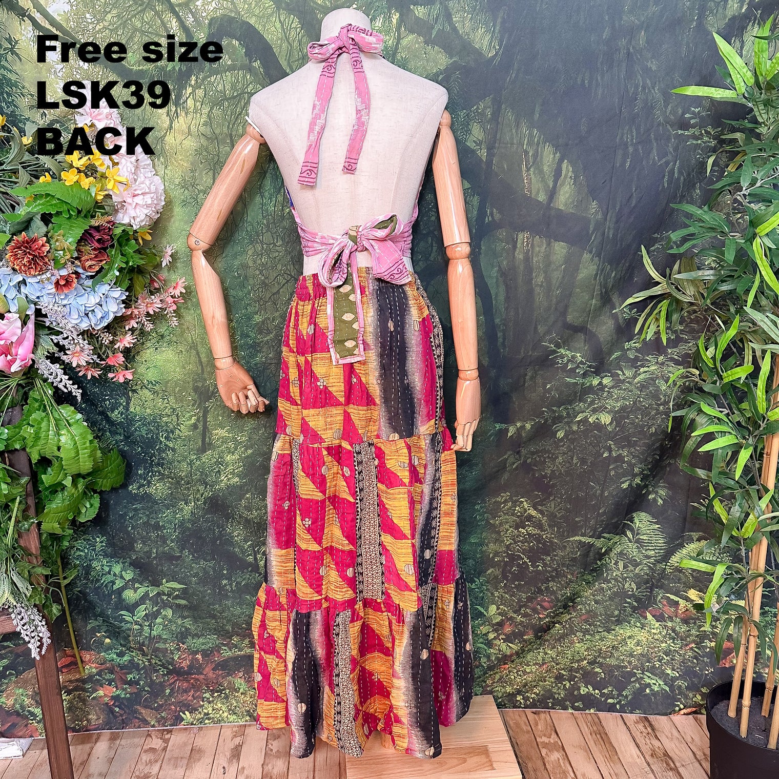 Kantha Long Tiered Flowy Skirt with Pockets