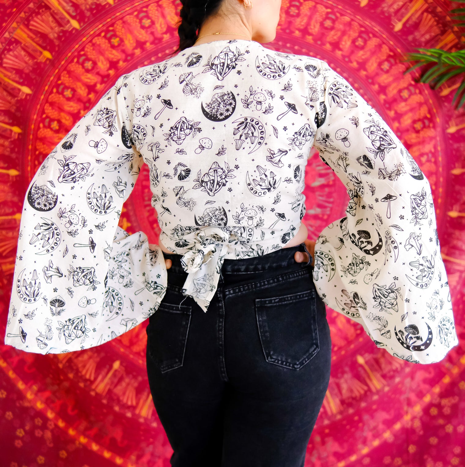 Flare Sleeve Mushroom Print Cotton Wrap Top