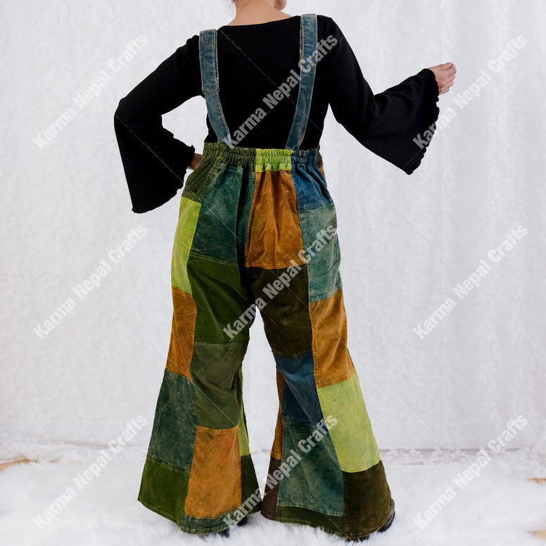 Patchwork Corduroy Jumpsuit with Bell Bottom