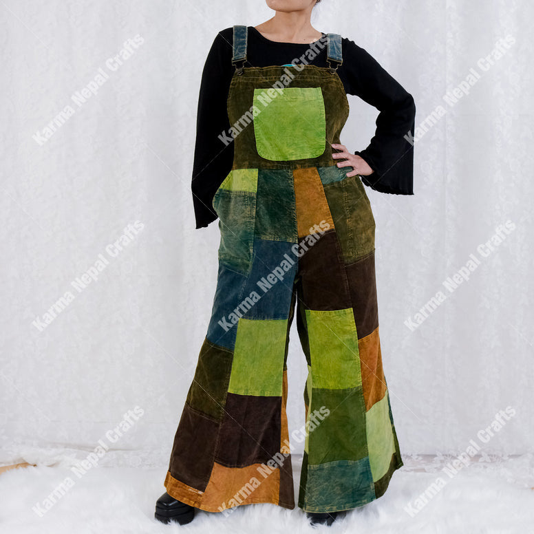Patchwork Corduroy Jumpsuit with Bell Bottom