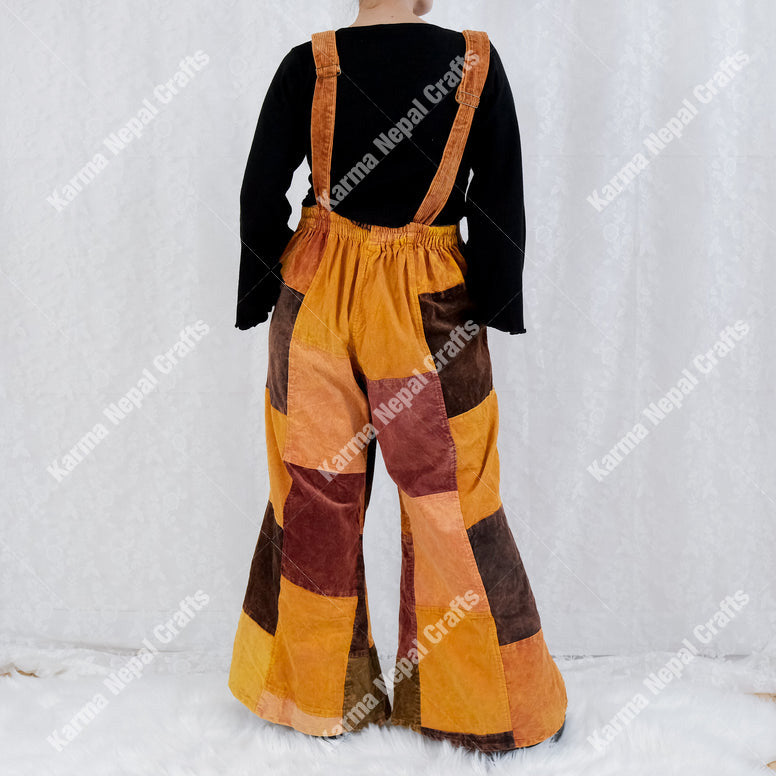 Patchwork Corduroy Jumpsuit with Bell Bottom