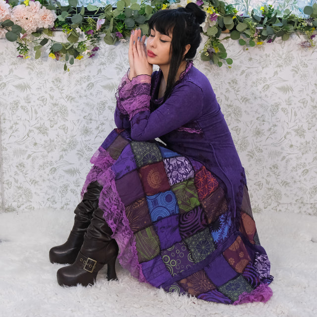 Bohemian Cotton Fairycore Patchwork Dress Flowy Festival Style