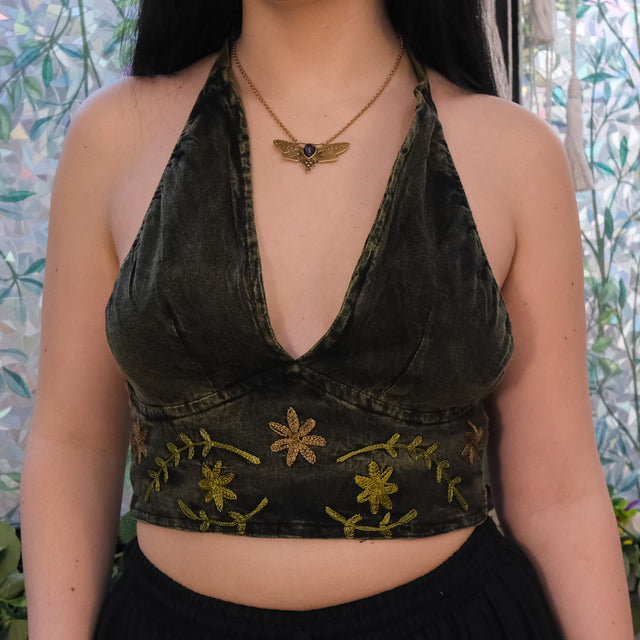 Hand Embroidered Cotton Boho Bralette Halter Crop Top