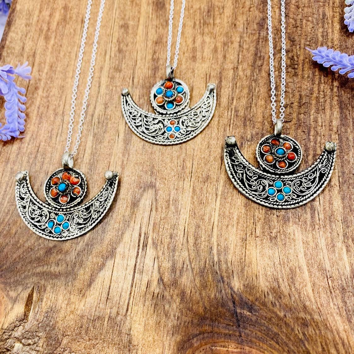 Crescent Moon Pendant, Filigree Design Necklace, Moon Shape Jewelry, Bohemian Style Pendant, Handmade Statement Jewelry, Gift For Her