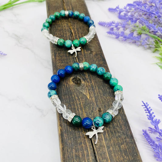 Chrysocolla  Bracelet with Butterfly Charms, Malachite, Azurite Bracelet, High Quality Crystal Jewelry, 8mm Beads, Gift for Her,