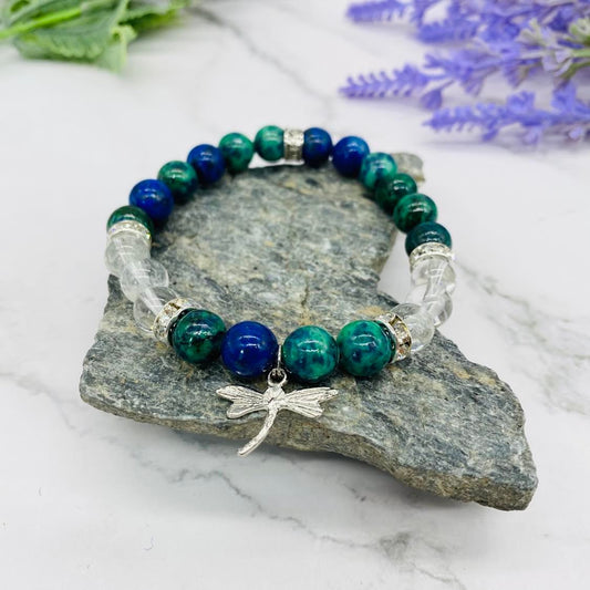 Chrysocolla  Bracelet with Butterfly Charms, Malachite, Azurite Bracelet, High Quality Crystal Jewelry, 8mm Beads, Gift for Her,
