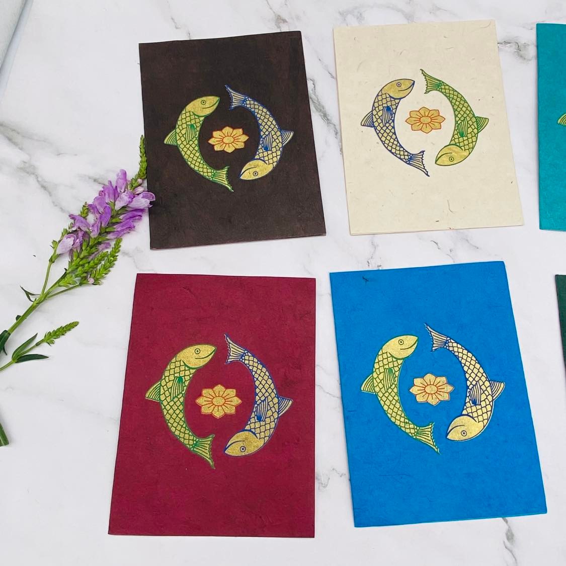 Lokta Paper Greeting Card, Handmade Note Card, Ecofriendly Greeting Card, Set of 6 Card with Envelopes, Unique Fish Note Card, Stationary Gift