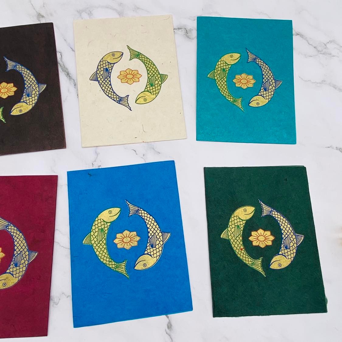 Lokta Paper Greeting Card, Handmade Note Card, Ecofriendly Greeting Card, Set of 6 Card with Envelopes, Unique Fish Note Card, Stationary Gift