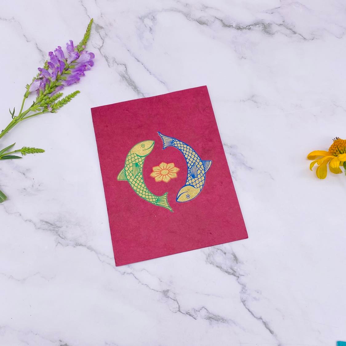 Lokta Paper Greeting Card, Handmade Note Card, Ecofriendly Greeting Card, Set of 6 Card with Envelopes, Unique Fish Note Card, Stationary Gift