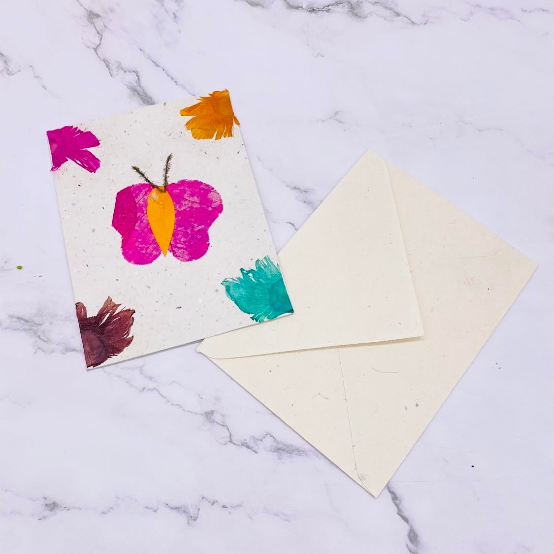 Handmade Greeting Card and Envelope Set, Lokta Paper, Ecofriendly Greeting Card Set of 4, Batik, Butterfly Design Note Card, Stationary Gift