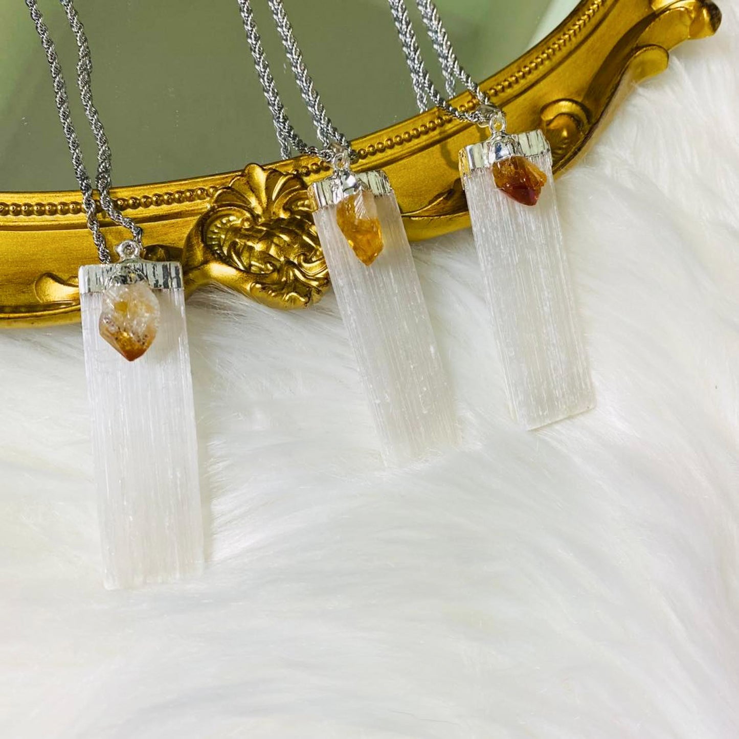 Selenite Crystal Pendant with Citrine, Stone for Cleansing and Wealth