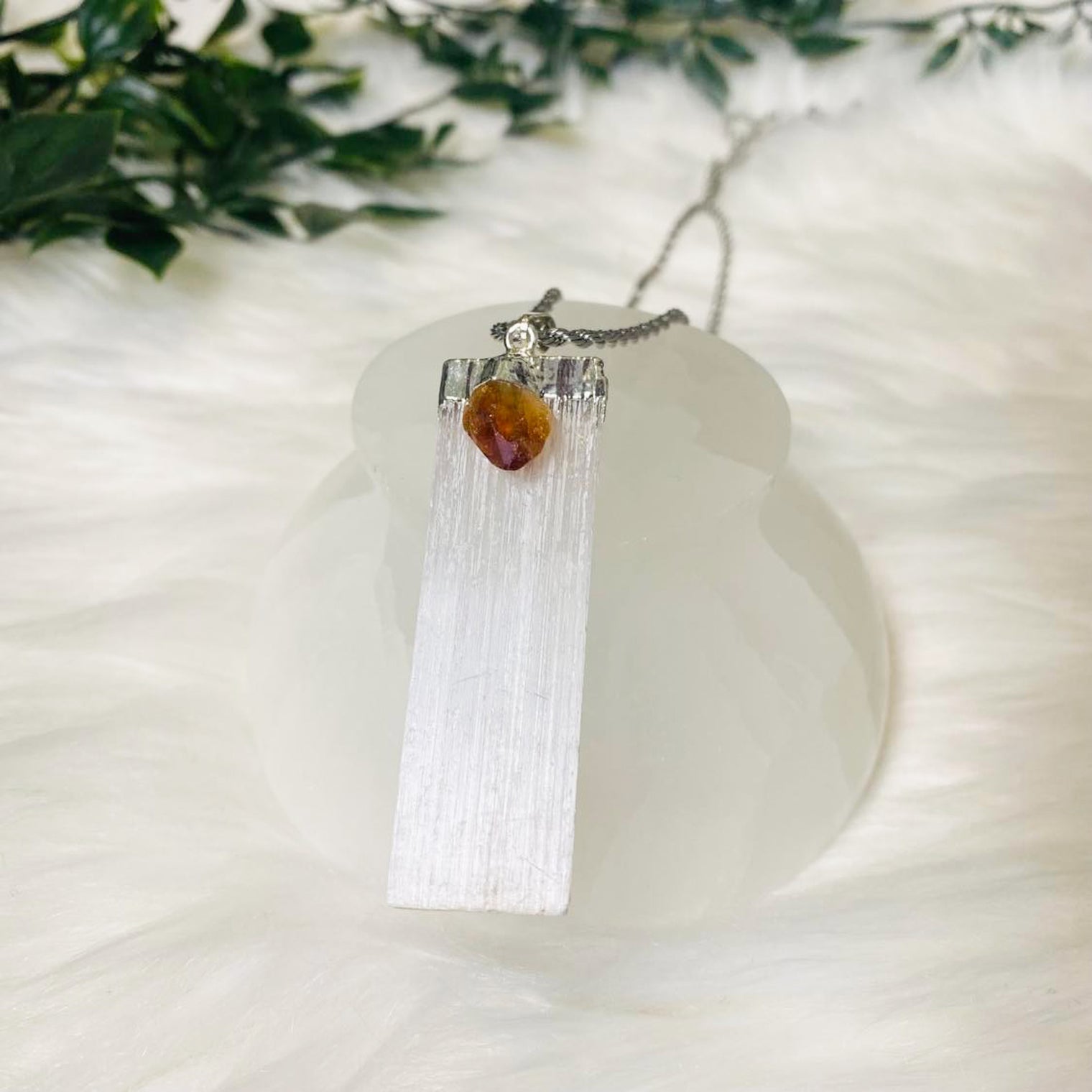 Selenite Crystal Pendant with Citrine, Stone for Cleansing and Wealth
