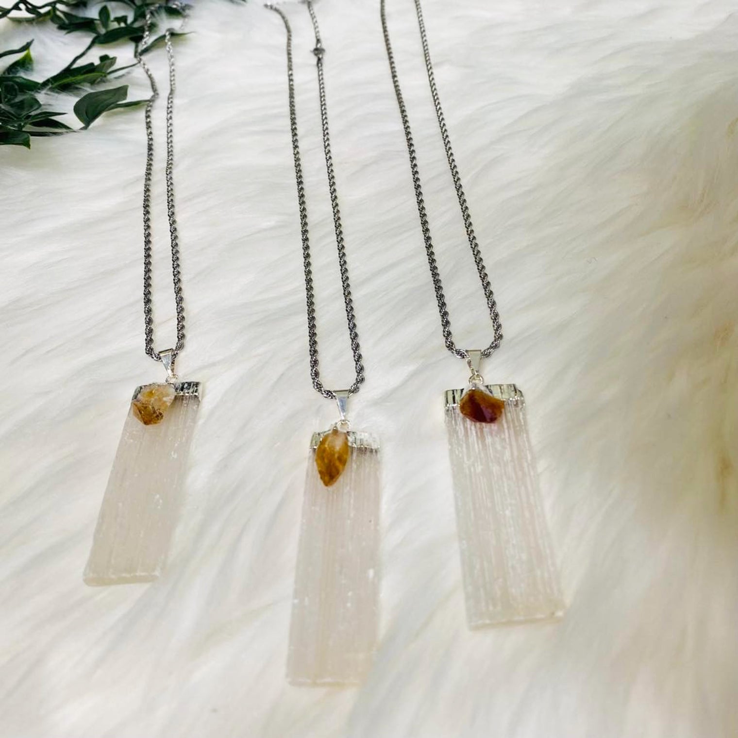 Selenite Crystal Pendant with Citrine, Stone for Cleansing and Wealth
