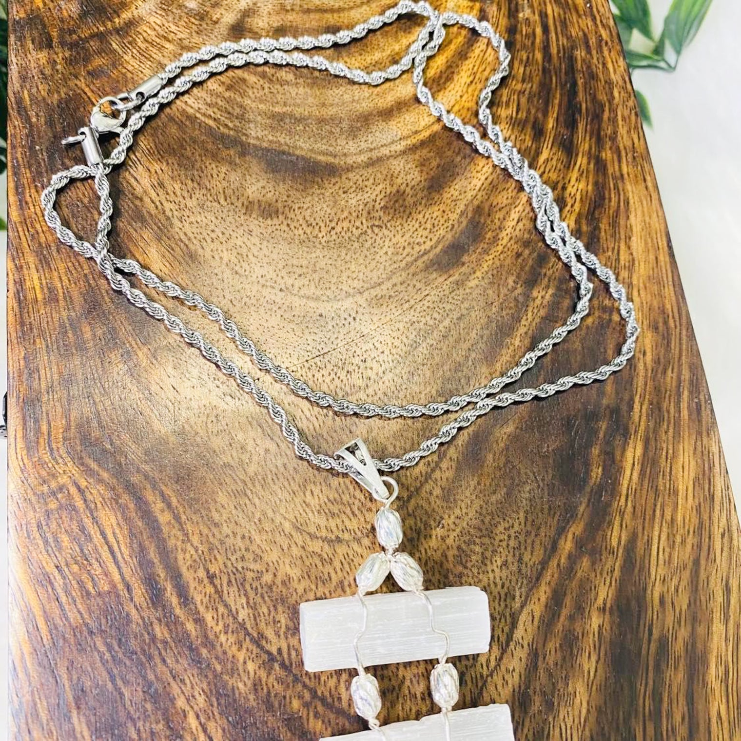 Raw Selenite Crystal Necklace with Silver Chain