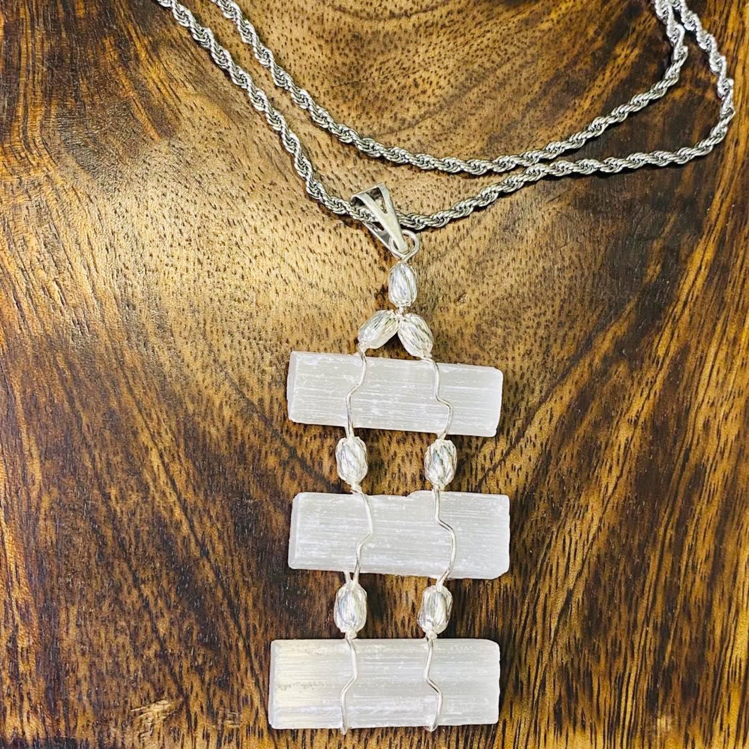 Raw Selenite Crystal Necklace with Silver Chain