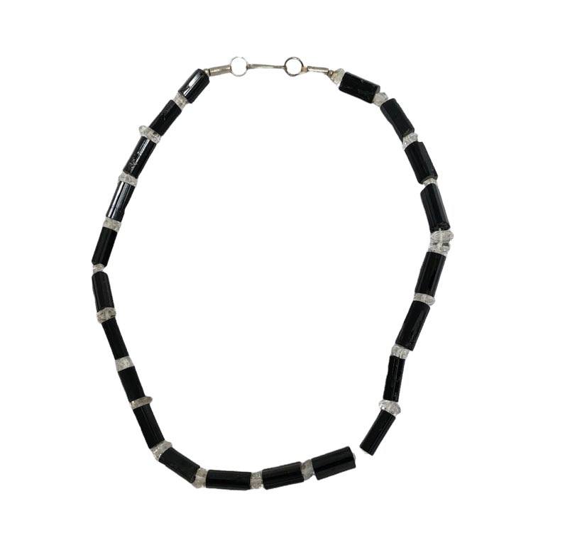 Raw Black Tourmaline Necklace with Herkimer Diamond
