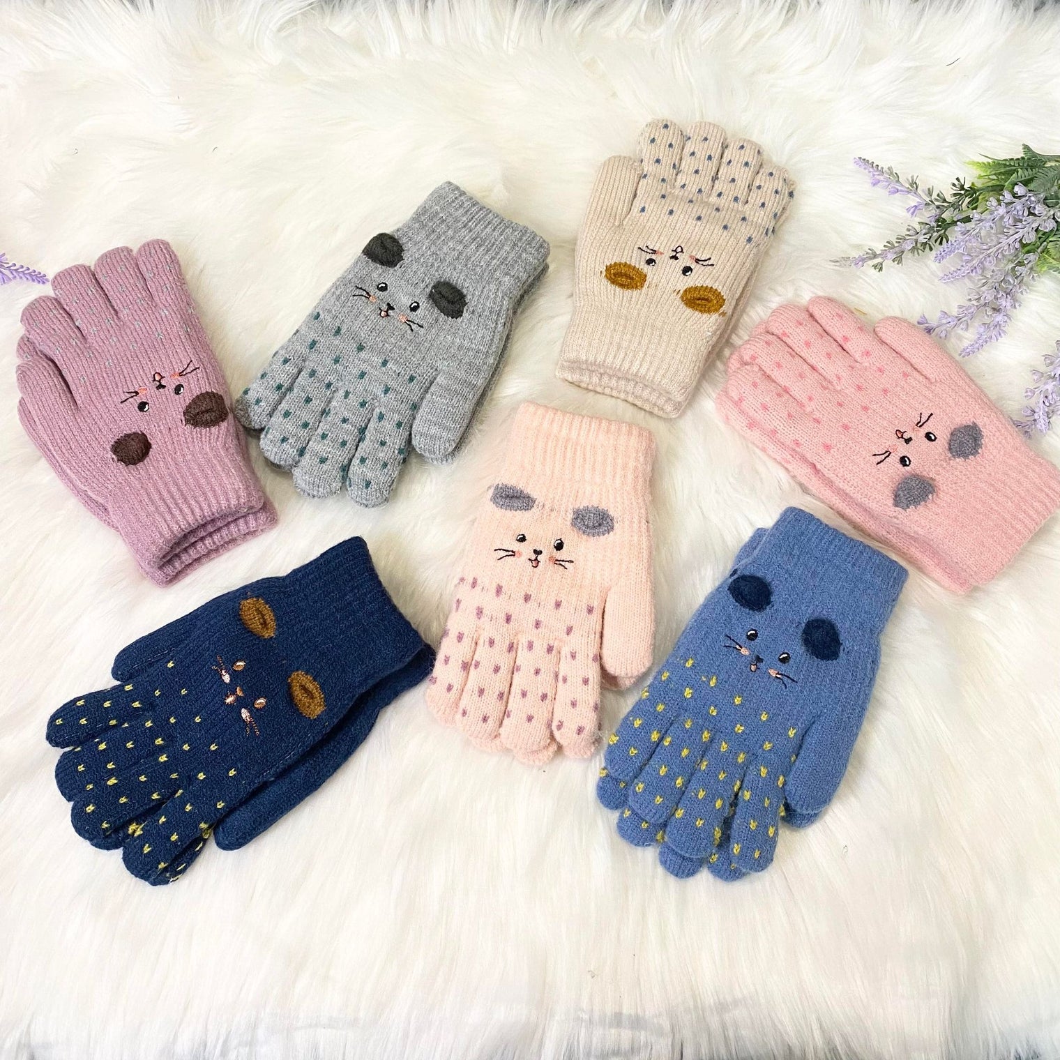 Kids Fleece Lined Knit Cat Design Gloves