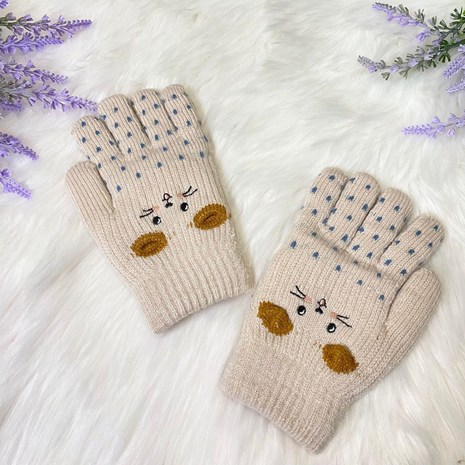Kids Fleece Lined Knit Cat Design Gloves