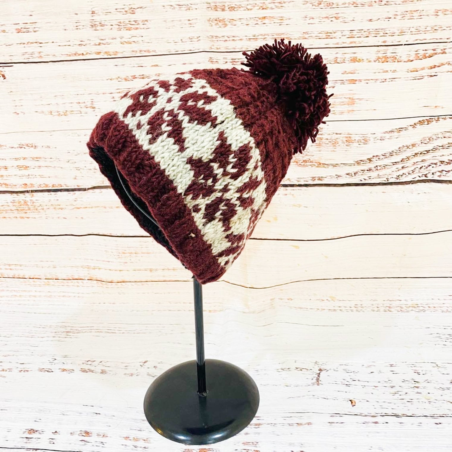 Hand Knit Wool Pom Pom Winter Hat