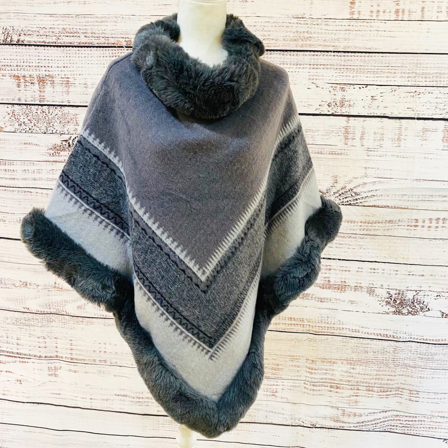 Wool Blend Oversized Warm Faux Fur Poncho