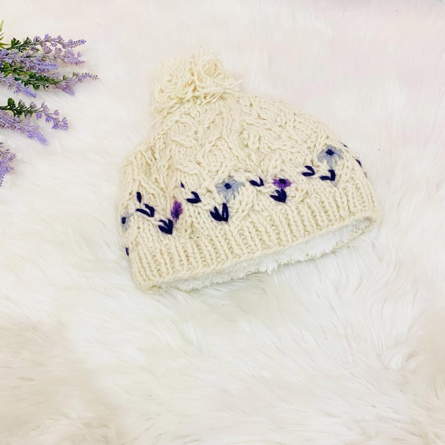 Knitted Winter Hand Embroidery Bobble Hat