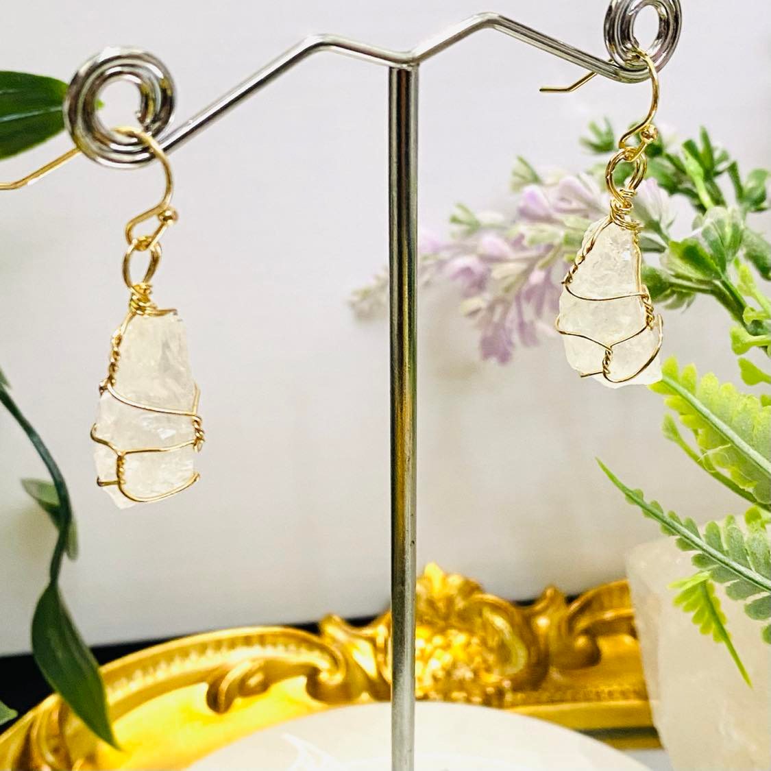 Wire Wrapped Raw Crystal Earrings