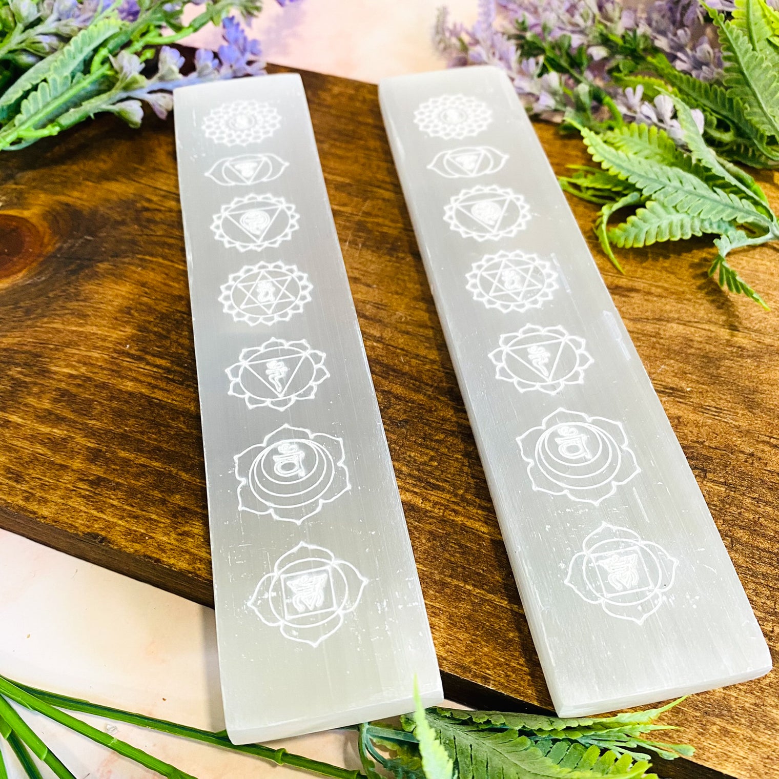 Selenite Chakra Cleansing Plate, Selenite Slab, Polished Selenite, Chakra Symbol Engraving, 7.5 inches Long Crystal Charger