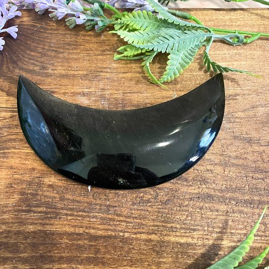 Gold Sheen Obsidian Carving, Crescent Moon Crystal, 4.7 inches Obsidian Hand Carved Crystal, Thick Half Moon Carving, Meditation Crystal