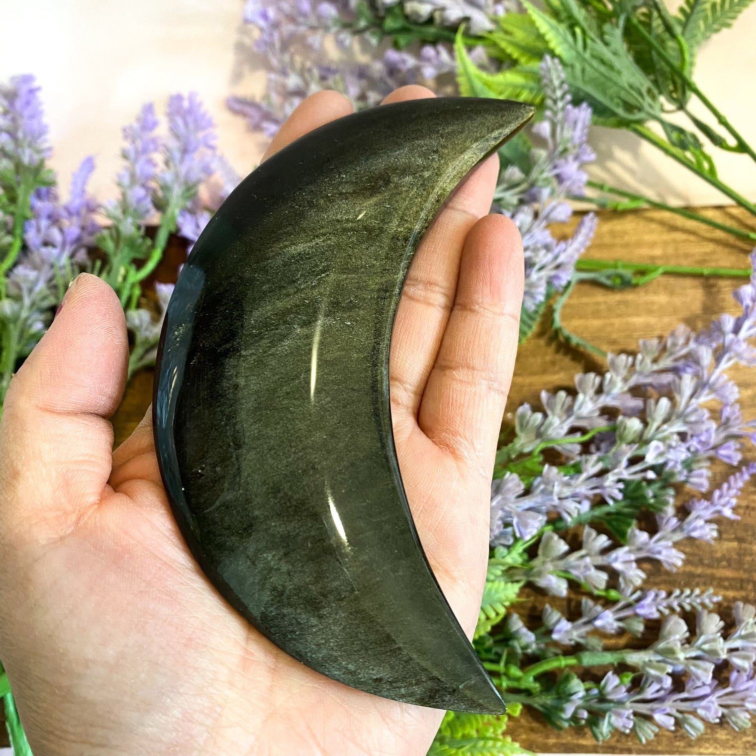 Gold Sheen Obsidian Carving, Crescent Moon Crystal, 4.7 inches Obsidian Hand Carved Crystal, Thick Half Moon Carving, Meditation Crystal