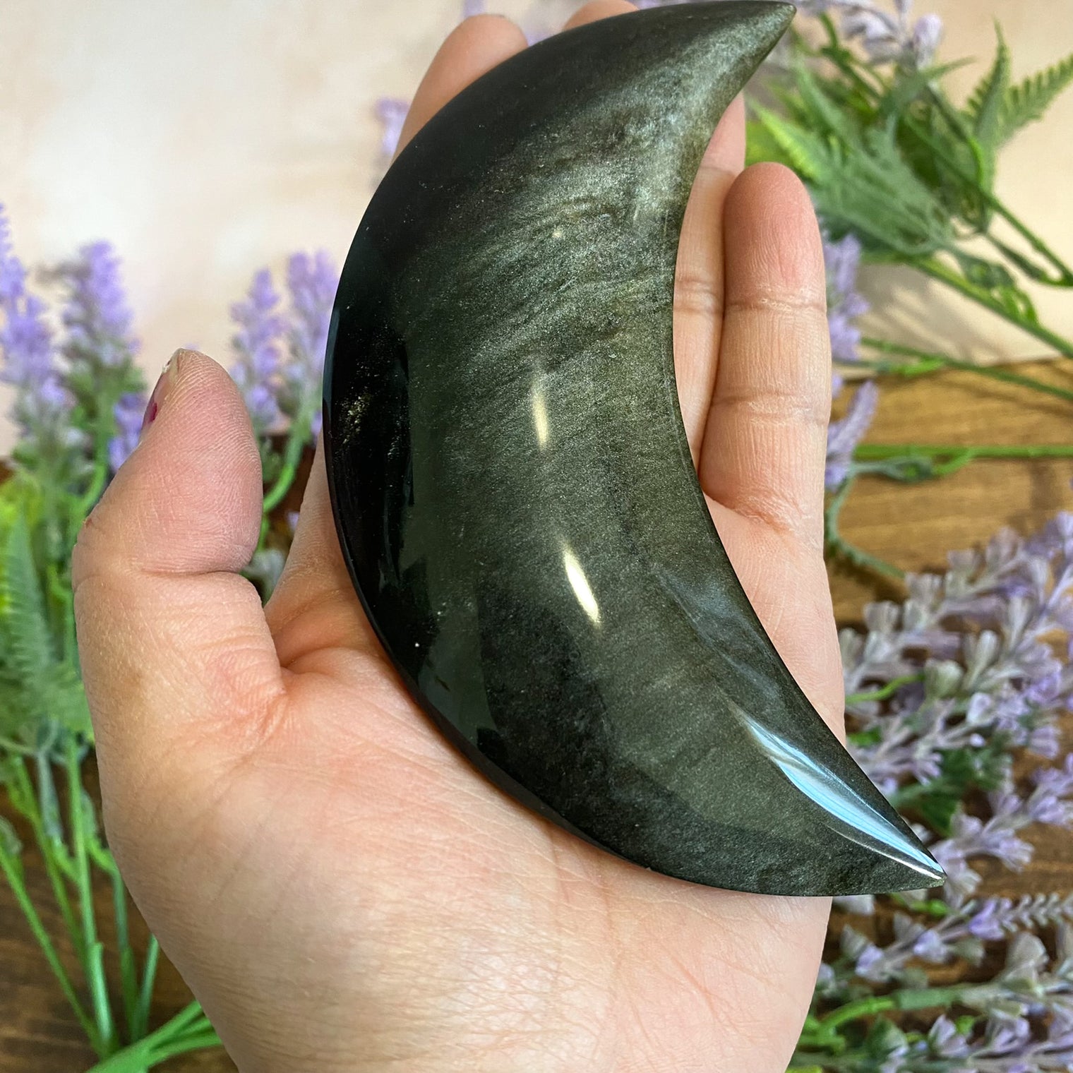 Gold Sheen Obsidian Carving, Crescent Moon Crystal, 4.7 inches Obsidian Hand Carved Crystal, Thick Half Moon Carving, Meditation Crystal
