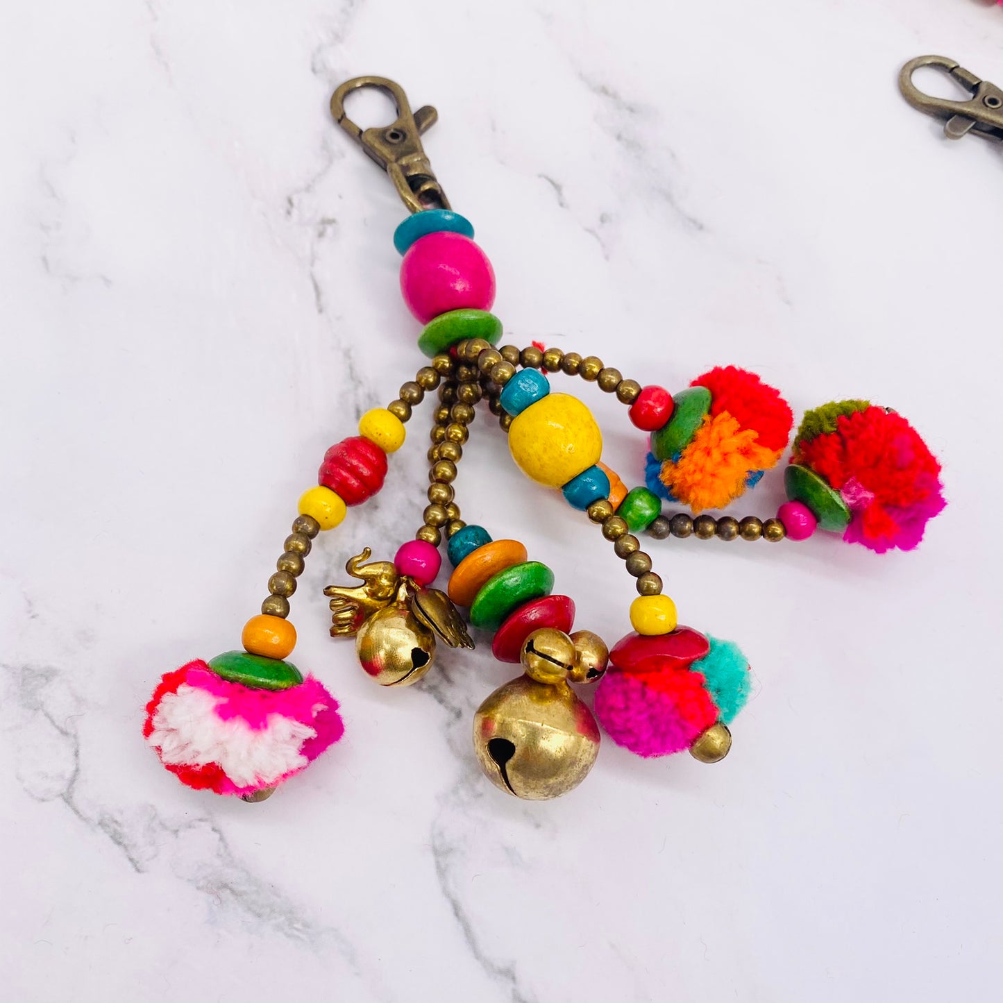 Pom Pom Keychain, Key Chain with Bells, Handmade keychain, Bohemian Style Keychain, Hand bag Charm, Cute Bag Charm