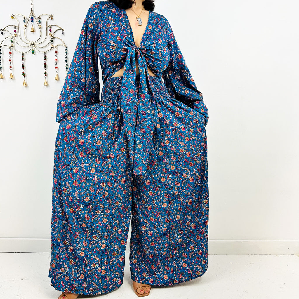 Wide Leg Retro Style Palazzo Pant and Bell Sleeve Tie Top Set