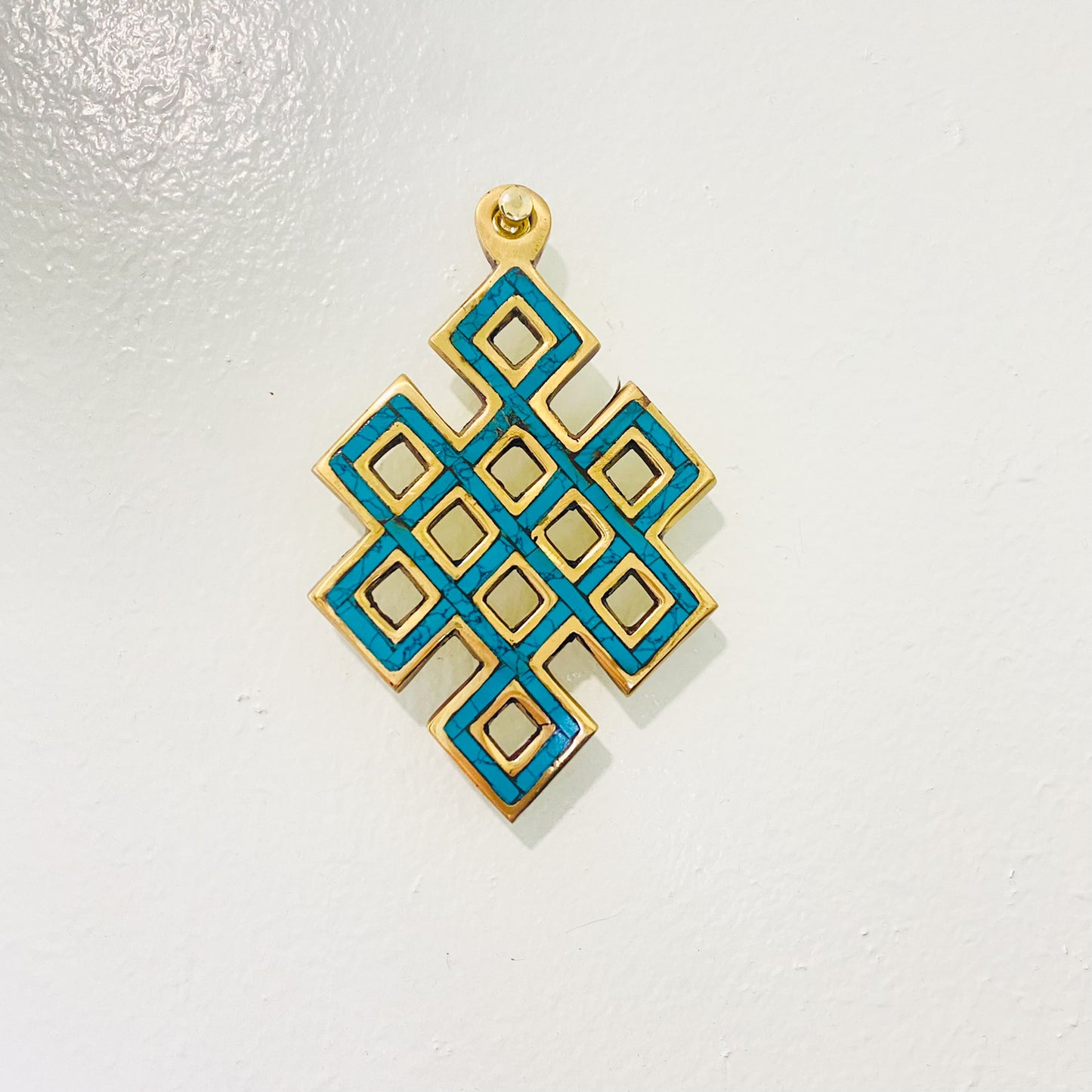 Metal Infinity Hanging, Turquoise Endless Knot Wall Decor, Minimalistic Home Decor, Handmade Wall Hanging, Brass Wall Decor, Good Luck Gifts