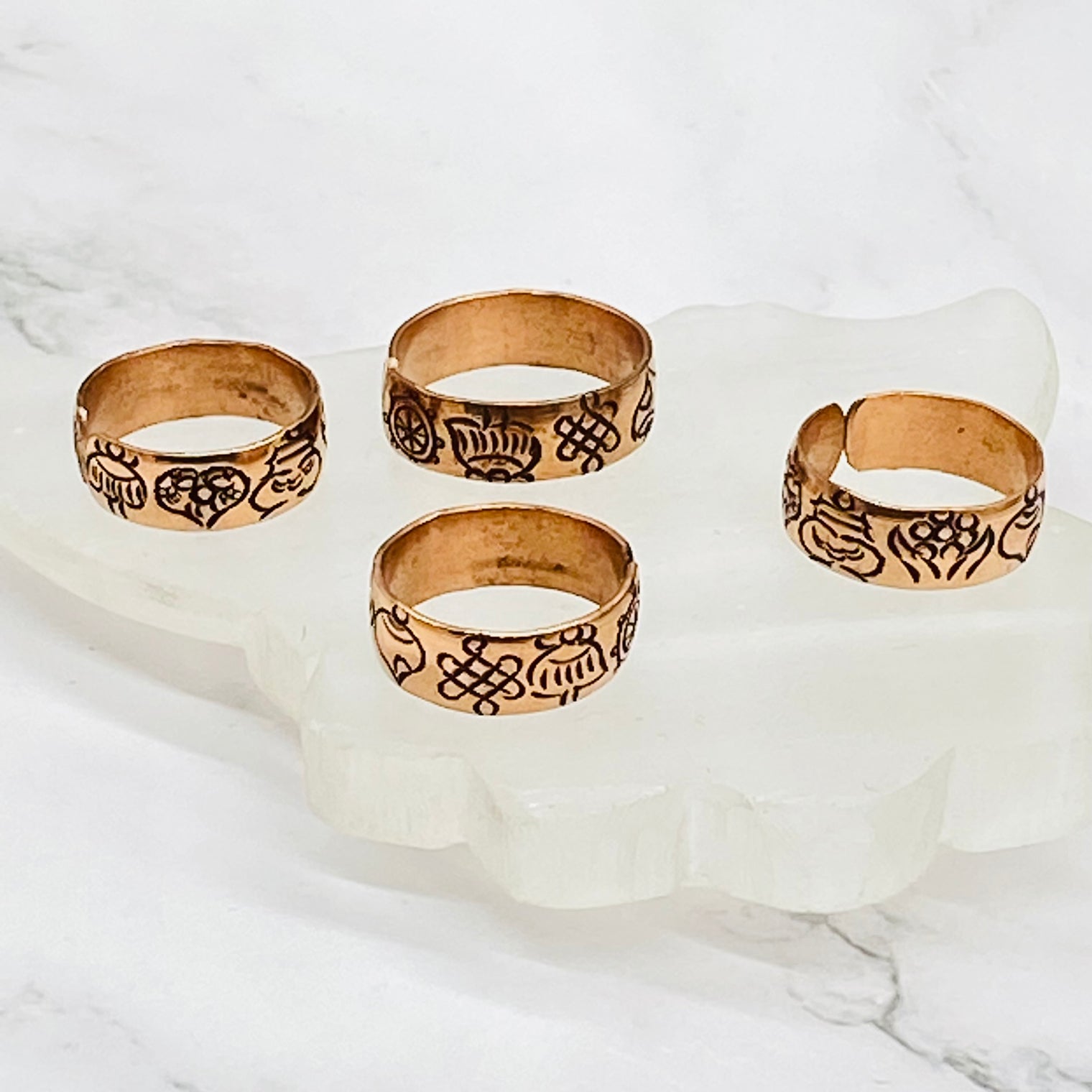 Copper Buddhist Ring, Adjustable Infinity ring, Thumb ring, Handmade Ashtamangala Ring from Nepal, Eight Auspicious Sign, Meditation Ring