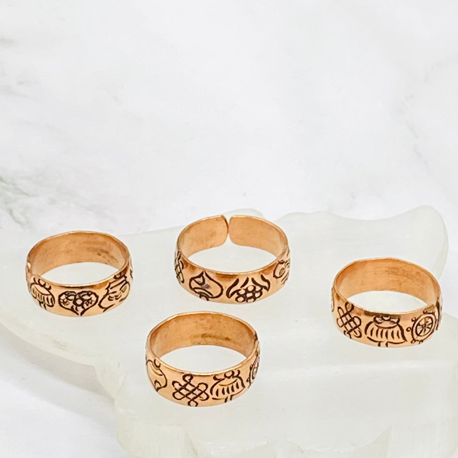 Copper Buddhist Ring, Adjustable Infinity ring, Thumb ring, Handmade Ashtamangala Ring from Nepal, Eight Auspicious Sign, Meditation Ring