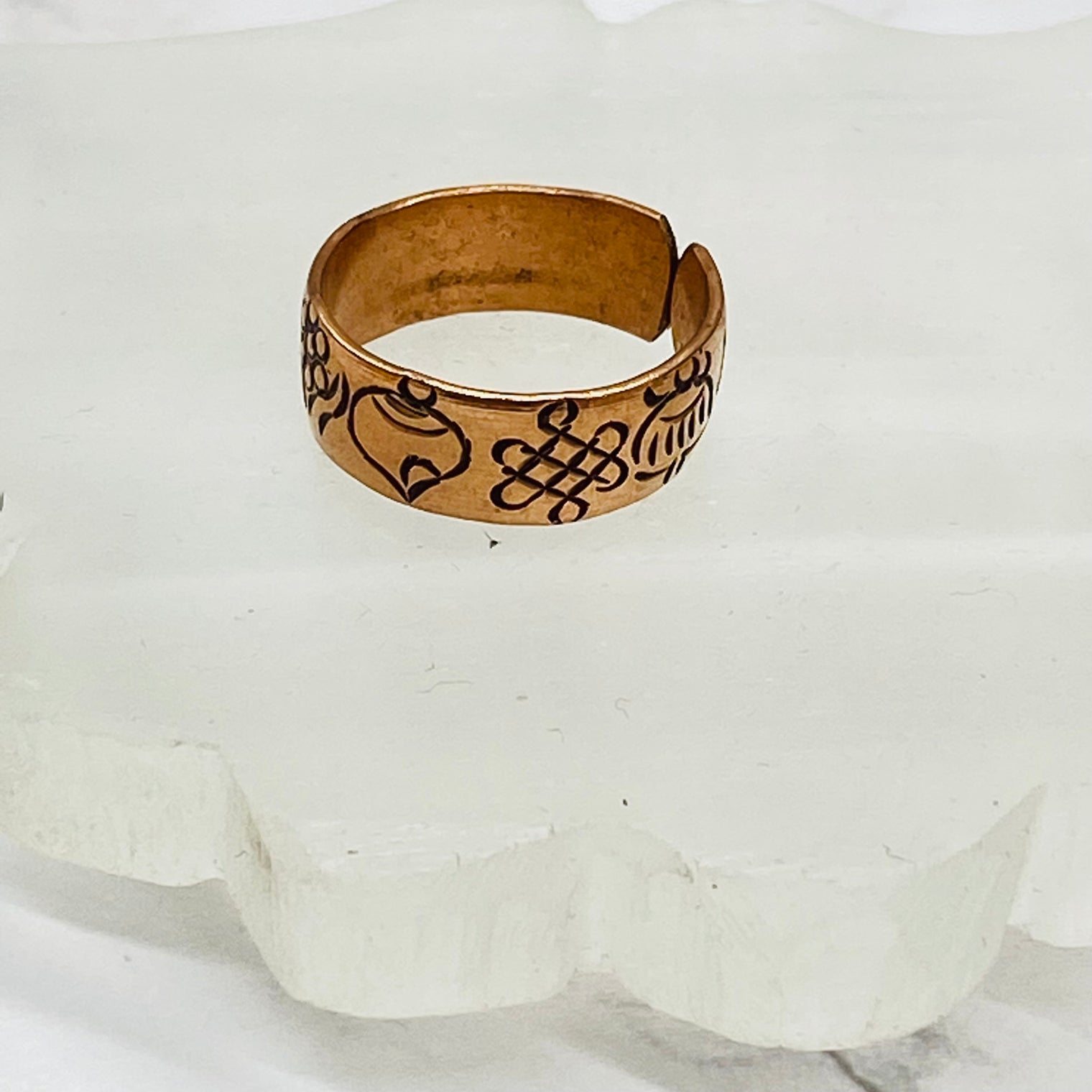 Copper Buddhist Ring, Adjustable Infinity ring, Thumb ring, Handmade Ashtamangala Ring from Nepal, Eight Auspicious Sign, Meditation Ring