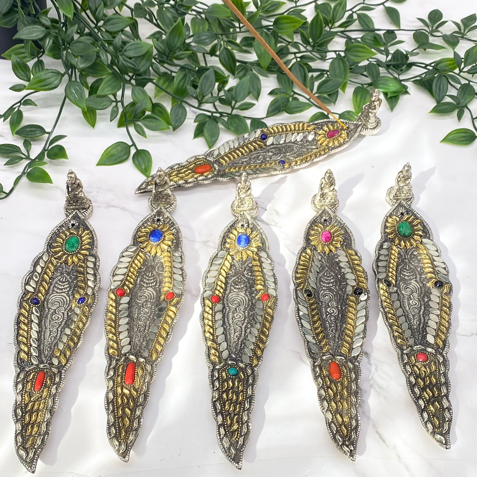 Buddha Metal Incense Burner, Colorful Buddha Incense Burner, Coral Malachite Cone Long Incense Burner,Meditation Tool