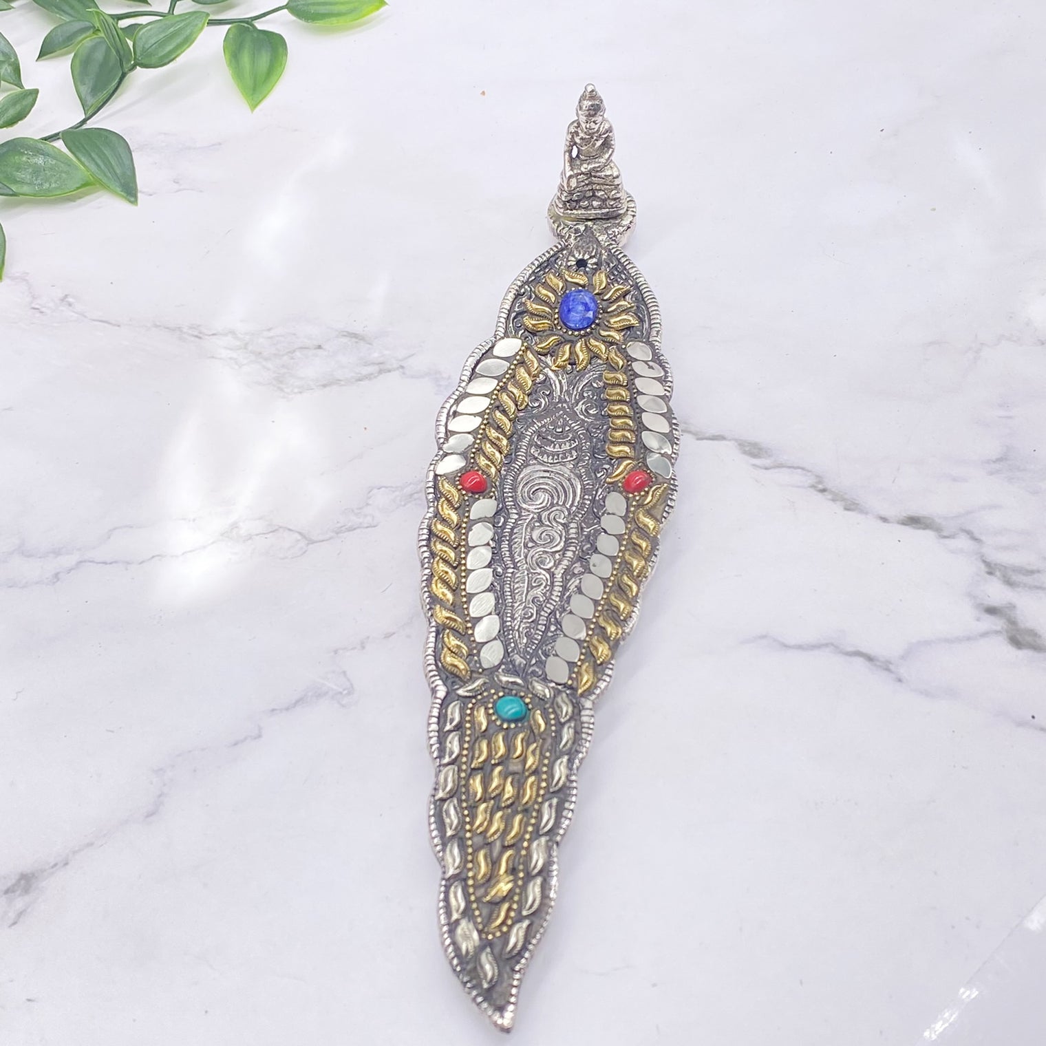 Buddha Metal Incense Burner, Colorful Buddha Incense Burner, Coral Malachite Cone Long Incense Burner,Meditation Tool