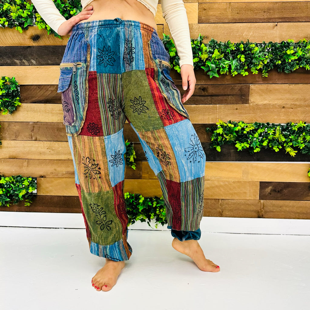 Patchwork Harem Retro Style Pants with Multi Pockets