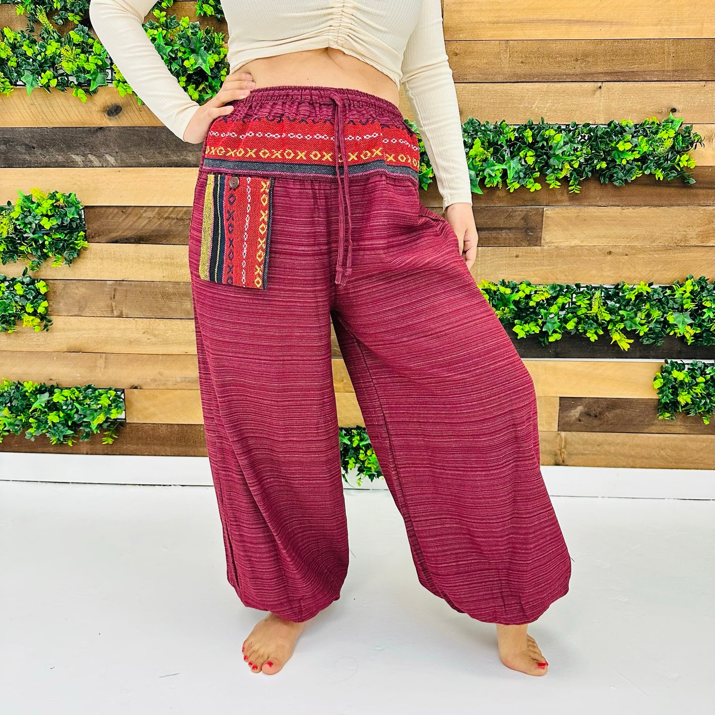 Solid Cotton Bohemian  Pants with Hand Embroidery