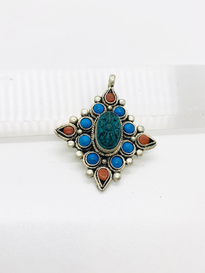 Handmade Dorje/Vajra Pendant Tibetan Silver Dorje Necklace, Turquoise Coral Vajra, Silver Vajra Pendant, Vajra Neckpiece,Buddhist Amulet