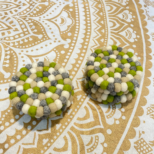 Handmade Felt Ball Wool Coasters from Nepal, Circle Felt Coasters, Square Felt Coasters, Felt Accessories, Set of Four Felt Wool Coasters