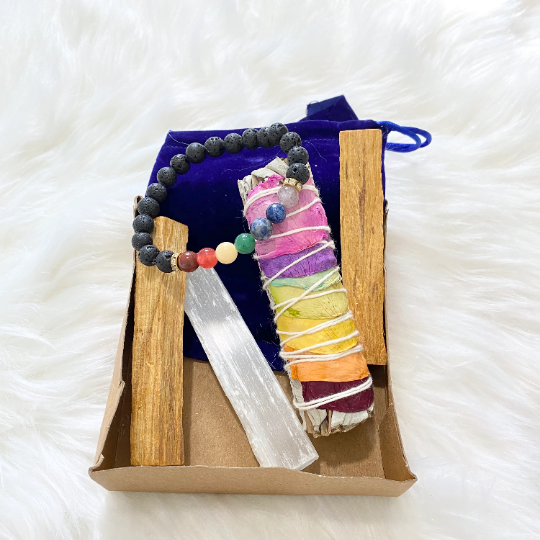 Sage Smudge Kit with 4" Sage, 2 Palo Santo Sticks, Chakra Bracelet , Selenite Sticks, Lava Stone, Smudge Bundle