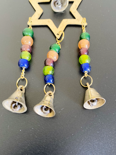 Brass Wind Chime with Bells Star, Metal Star Hanging,Chimes with Beads,Altar Decorations,Handmade Wind Chime,Home Decor,Celestial Star Decor