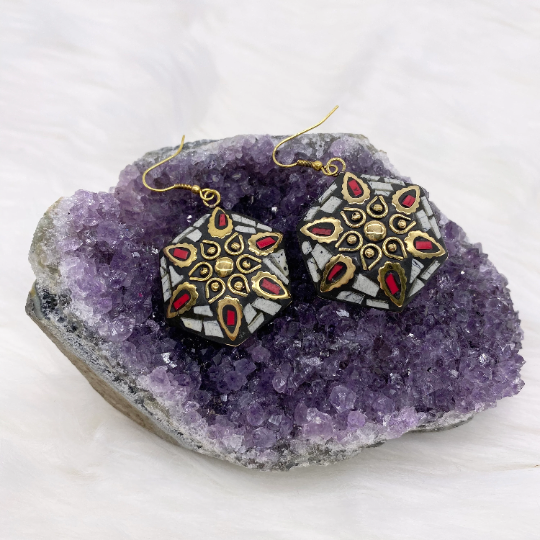 Tibetan Turquoise, Coral, Lapis Lazuli Round Earrings, Bohemian Jewelry, Ethnic Silver Earrings, Unique Women Accessories, Gift for Her